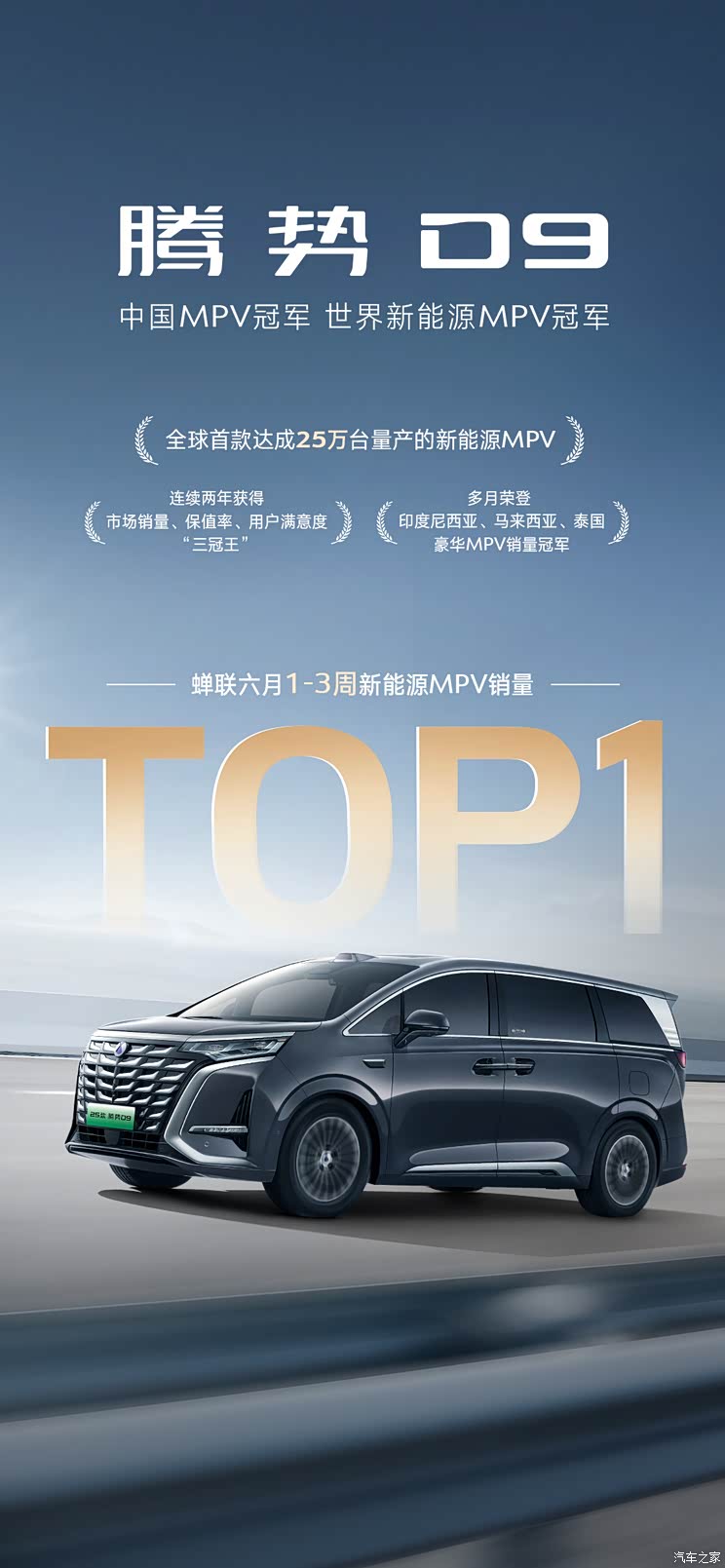 蝉联1-5月MPV销量榜首 腾势D9获6月前三周新能源PMV累计销量榜首