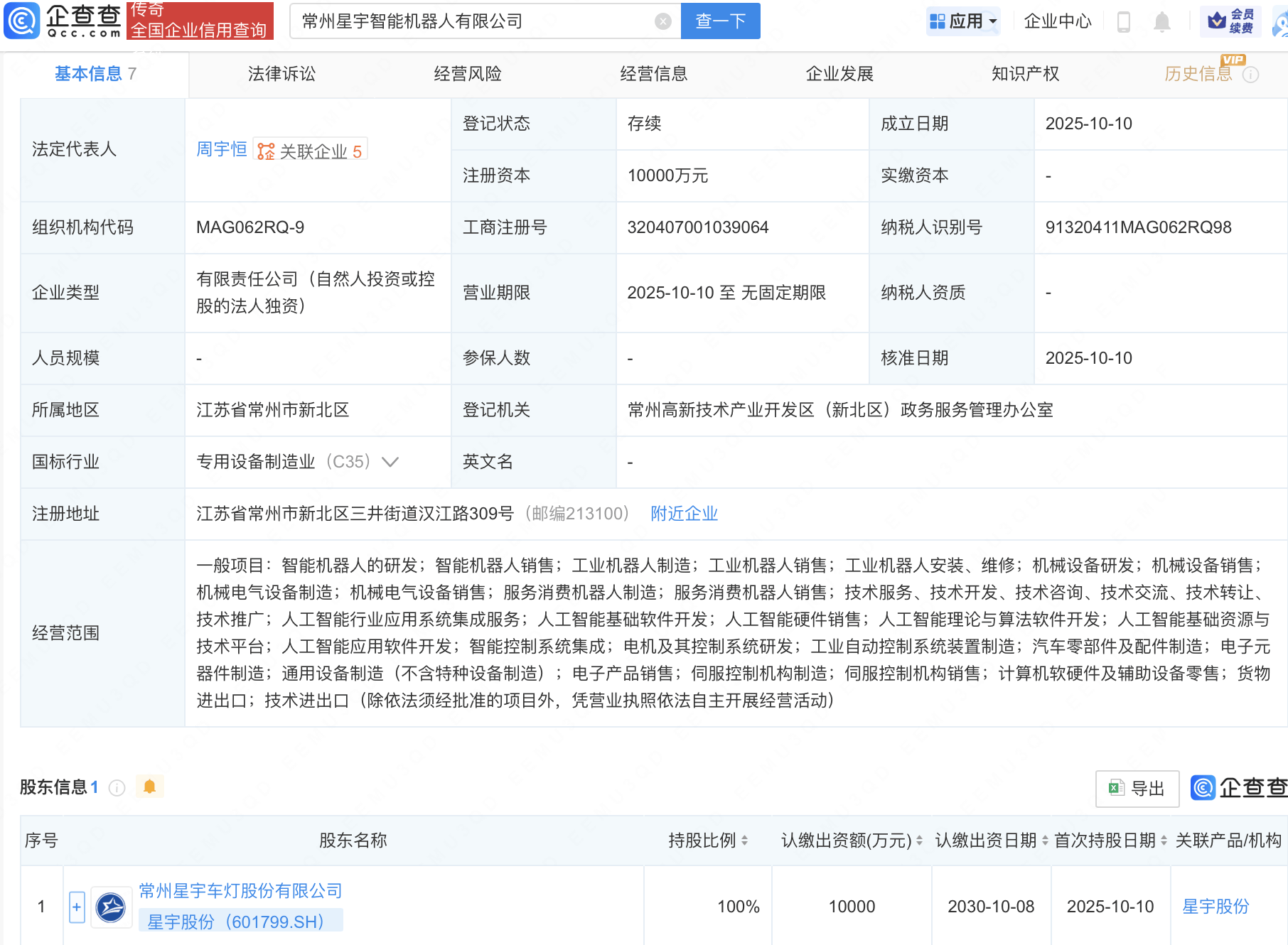 星宇股份成立智能机器人公司，注册资本1亿元